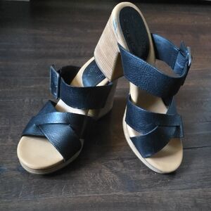 Black Leather Block Heel Sandals - Women
